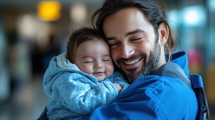 Fototapeta premium Father holding sleeping baby at airport terminal