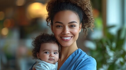Obraz premium Smiling nurse holding baby, office background, healthcare