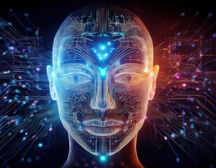 An abstract depiction of artificial intelligence, featuring an ethereal face made of glowing digital circuits blending into a neural network of colorful, floating data nodes