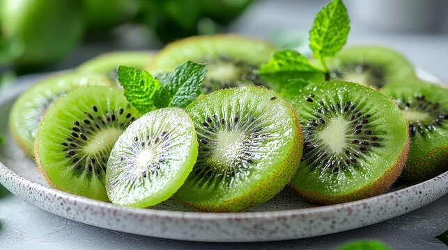 Sliced kiwi fruit with mint on plate.  Healthy food photography for recipe blogs