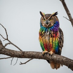 Naklejka premium A majestic owl with rainbow-colored feathers, sitting on a tree branch against a simple white backdrop.