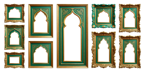 Ten different green and gold ornate picture frames with a transparent background