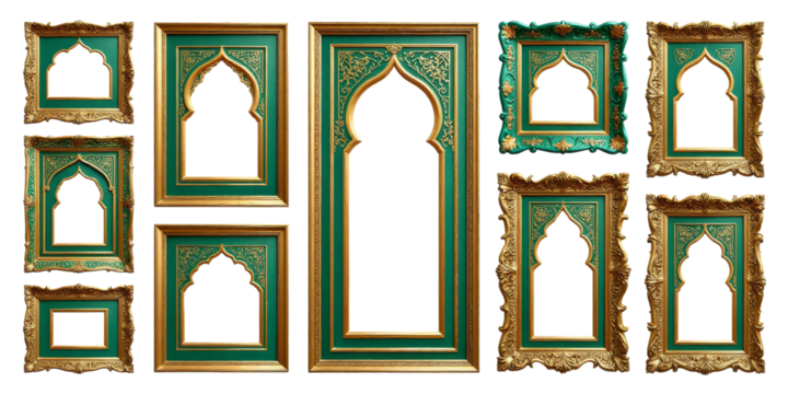 Ten different green and gold ornate picture frames with a transparent background