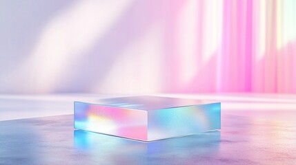 Iridescent glass platform, studio backdrop, pastel light, product display