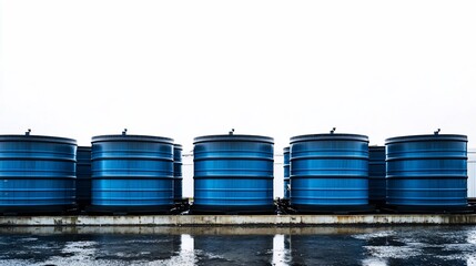 Obraz premium Blue industrial tanks outside factory, rainy day