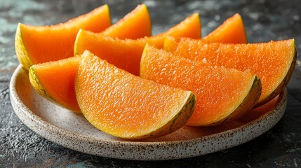 Sliced orange melon on plate, rustic background, healthy snack