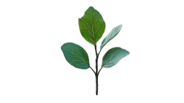 Green leaves on stem against black background, isolated plant cutting