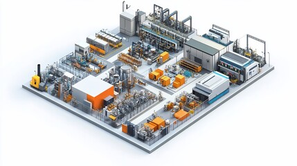 Automated factory floor isometric rendering, production line, industrial equipment, manufacturing process, white background, for industry brochures