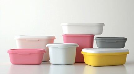 Colorful plastic food storage containers stacked on white background
