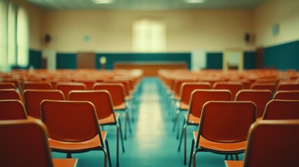 Rows of empty orange chairs in a hall. Perfect for concepts of education, lectures, or meetings.