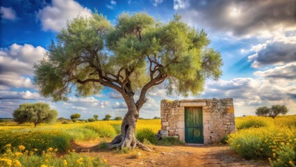 Obraz premium Serene Landscape Featuring Ancient Stone Structure and Majestic Tree in a Field of Yellow Flowers