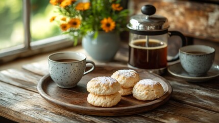 A rustic scene with a freshly brewed French press coffee and homemade biscuits on a wooden table. 