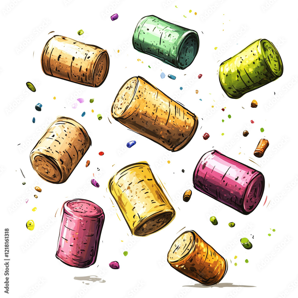 Poster a vibrant illustration depicts multiple colorful wine corks falling dynamically against a black back