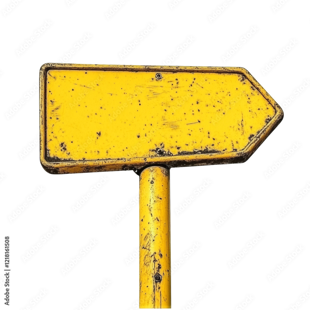 Poster a close-up image of an old, weathered yellow arrow sign mounted on a rusty pole; the sign is blank.