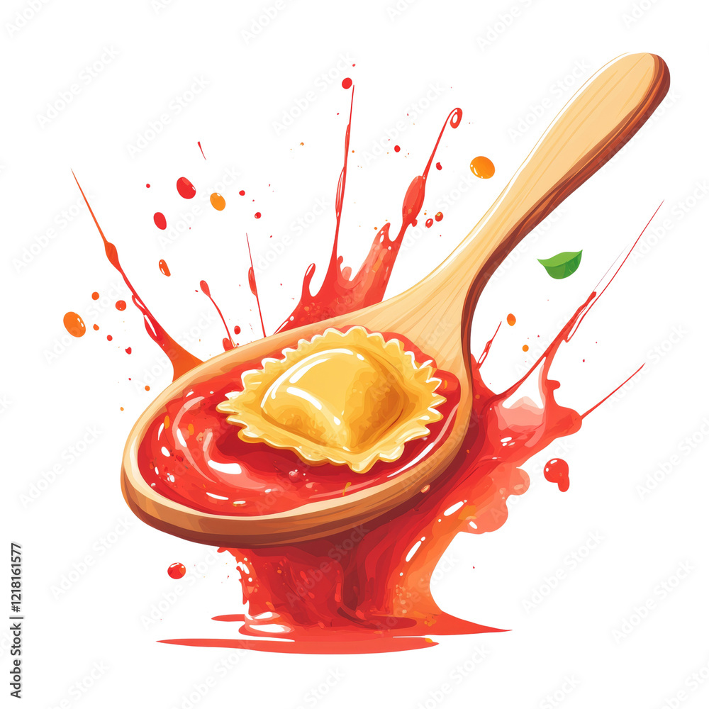Poster a single ravioli in rich tomato sauce is dramatically displayed on a wooden spoon with a vibrant sau