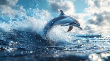 Dolphin leaping ocean wave sunny sky nature wildlife