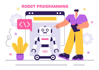 Robot Programming Vector Illustration Featuring an Artificial Intelligence Robot Interacting with a Digital Data Interface for Advanced Technology