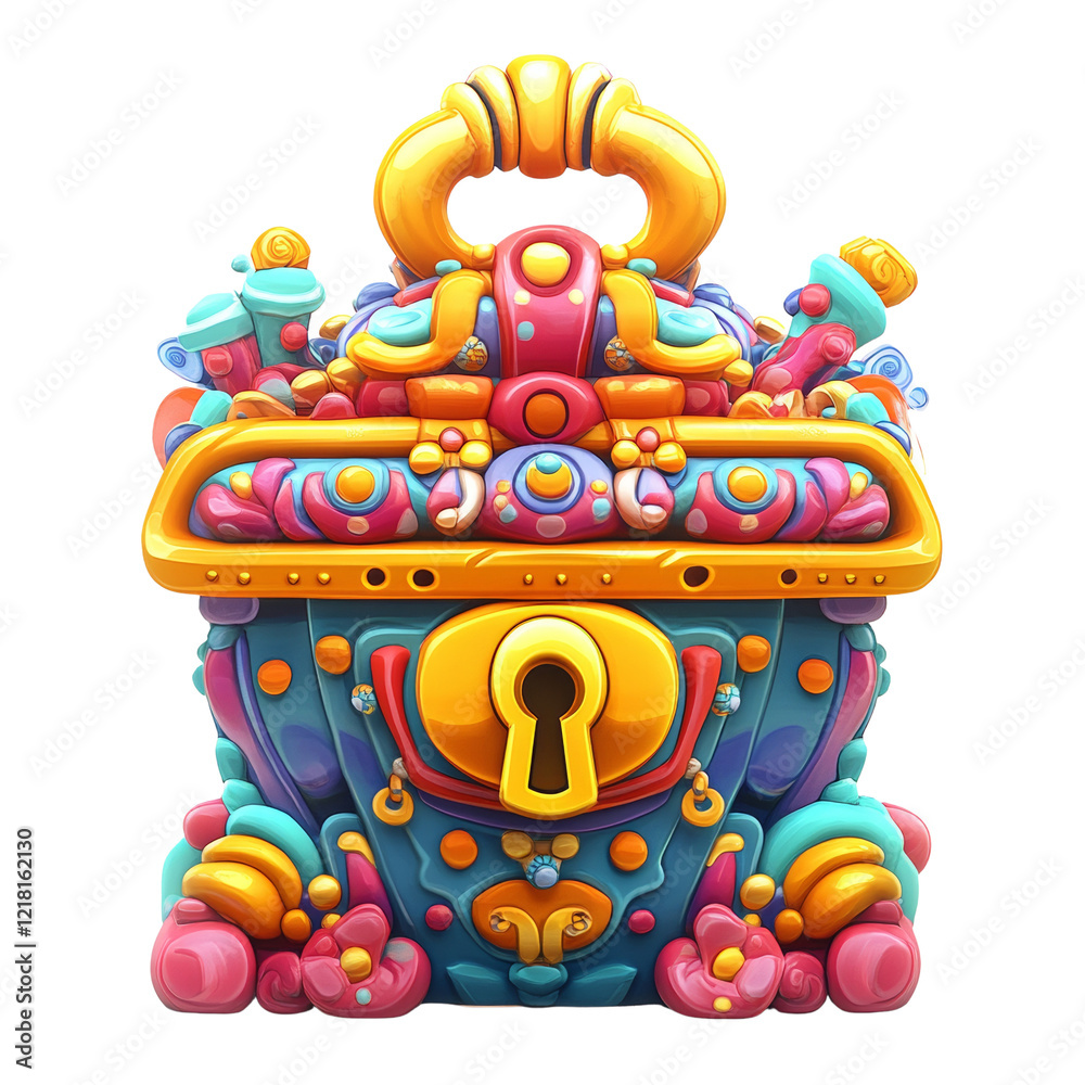 Poster a digitally rendered image of a whimsical, colorful treasure chest overflowing with fantasy elements