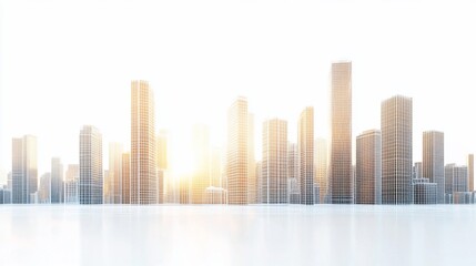 Fototapeta premium Sunrise cityscape panorama, modern buildings reflecting, urban development, website banner