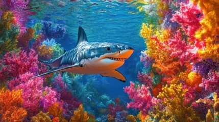 Naklejka premium Great white shark swimming amidst vibrant coral reef. (1)