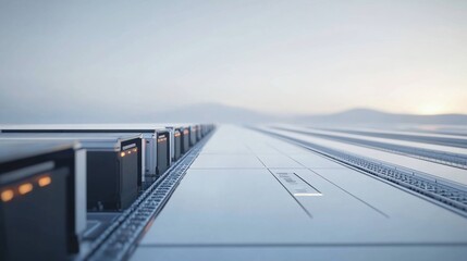 Futuristic transport pods line a track, mountains at sunrise, automated travel