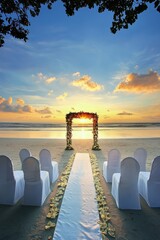 Beach wedding ceremony at sunset tropical location scenic view romantic atmosphere