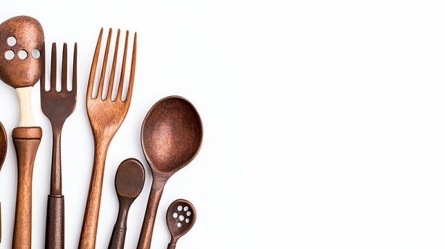 Wooden kitchen utensils arranged on white background, copy space, cooking blog