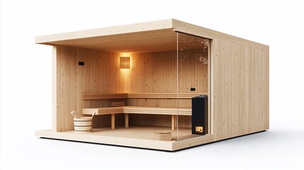 Modern outdoor wooden sauna with glass wall, interior view, relaxation, wellness