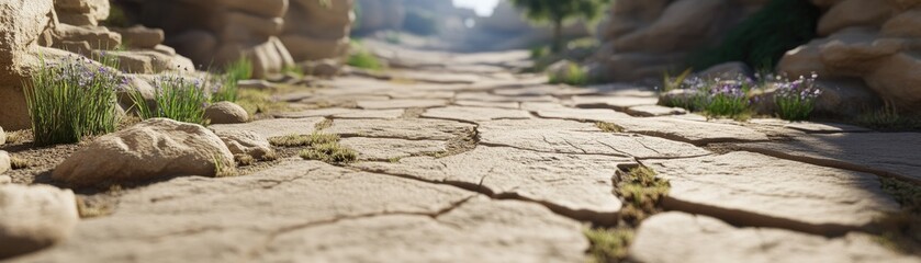 Ancient stone path, sunlight, plants, rocky canyon. Game background