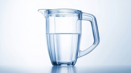 Clear plastic blender pitcher, half-filled with water, studio shot, clean background, kitchen appliance