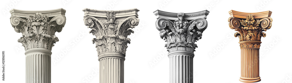 Poster a detailed illustration showcasing four variations of a corinthian column capital in different color