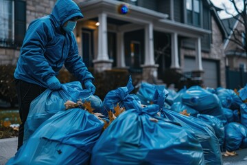 A person in a blue coat collects blue garbage bags filled with leaves near a house during autumn.