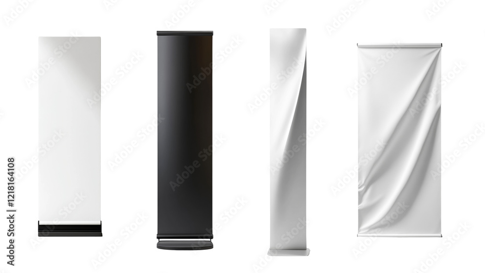 Poster a 3d rendering showcasing four blank vertical banner stands in white and black for various advertisi