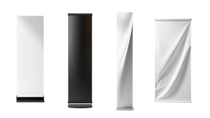 A 3D rendering showcasing four blank vertical banner stands in white and black for various advertising purposes.