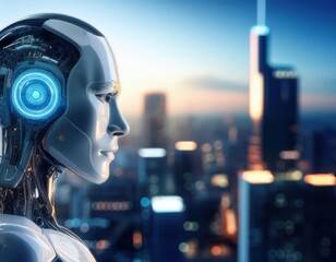 close up glowing humanoid robot with blurry futuristic cityscape background