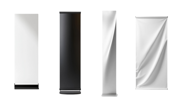 A 3D rendering showcasing four blank vertical banner stands in white and black for various advertising purposes.