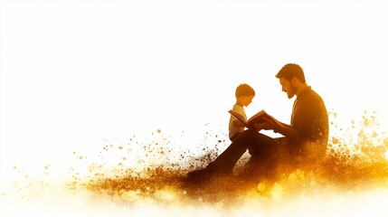 Father reading book to son outdoors, sunset glow, family bonding, education