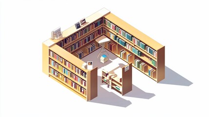 Obraz premium Isometric library interior, bookshelves, reading, sunlight, education, website design