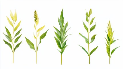 Fototapeta premium Five green plant stems growth stages, white background, botanical illustration, design element