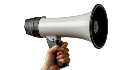 Hand holding megaphone on black background, ready to announce (3)
