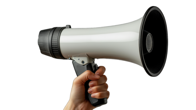 Hand holding megaphone on black background, ready to announce (3)