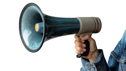 Hand holding megaphone on black background, ready to announce