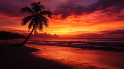 Fiery Sunset Paradise: Palm Tree Silhouette on Tropical Beach