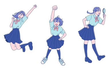 ジャンプして喜ぶアニメ調の女子学生