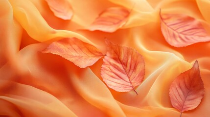 Obraz premium Autumn Leaves Resting on Soft Orange Fabric