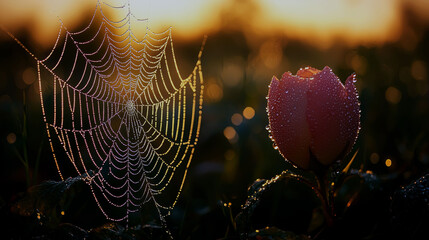 Dew-Kissed Spiderweb and Flower at Sunrise: A Stunning Nature Photography