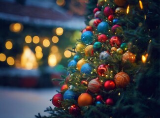 Festive CloseUp of Colorful Christmas Tree with Ornaments in Snowy Landscape  Cheerful Holiday Decor Concept
