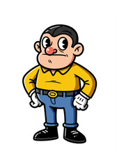 Fototapeta premium Cartoon illustration of a man with big nose yellow shirt and blue jeans standing with hands on hips