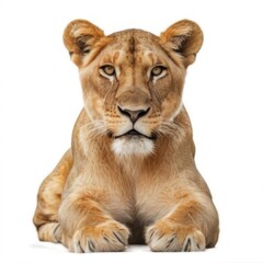 Obraz premium Closeup portrait of lioness with serious expression, goldenbrown fur, and yellow eyes lying on white background.