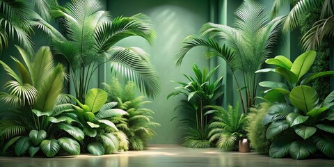 Fototapeta premium Lush Tropical Greenery Flourishes Against a Serene Green Wall, Creating a Peaceful and Inviting Indoor Oasis